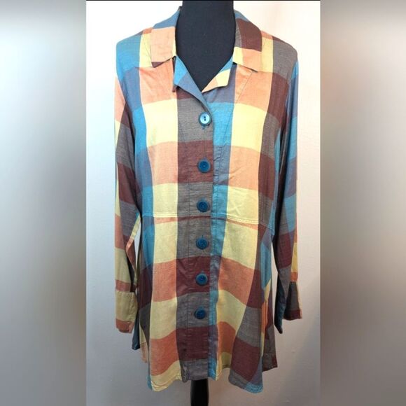 Flax Buffalo Check Preppy Academia Coastal Country Lagenlook Button Down S - Picture 1 of 8